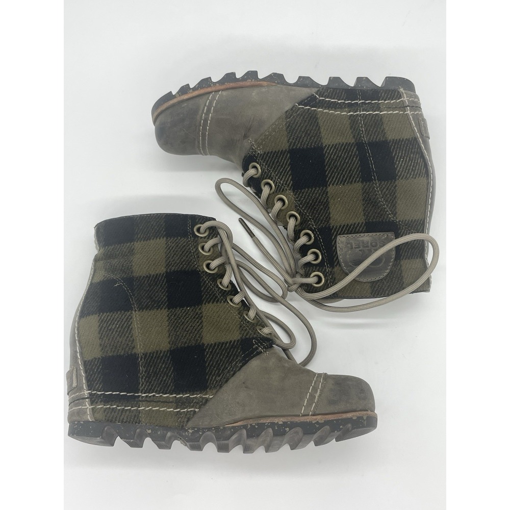 Sorel Buffalo Check Plaid PDX Wedge Boots Booties Green Black Sz 5.5 36.5